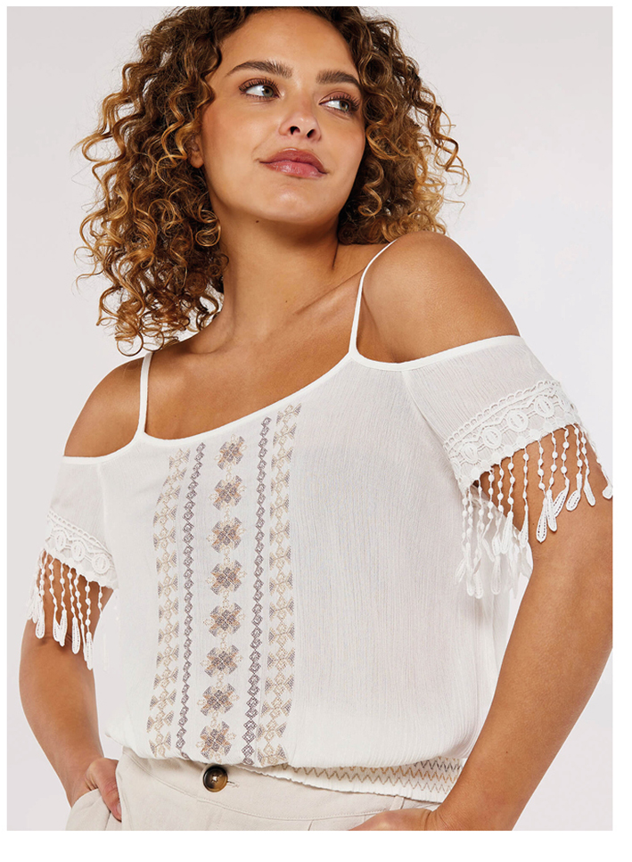 Embroidered Cut-Out Shoulder Top