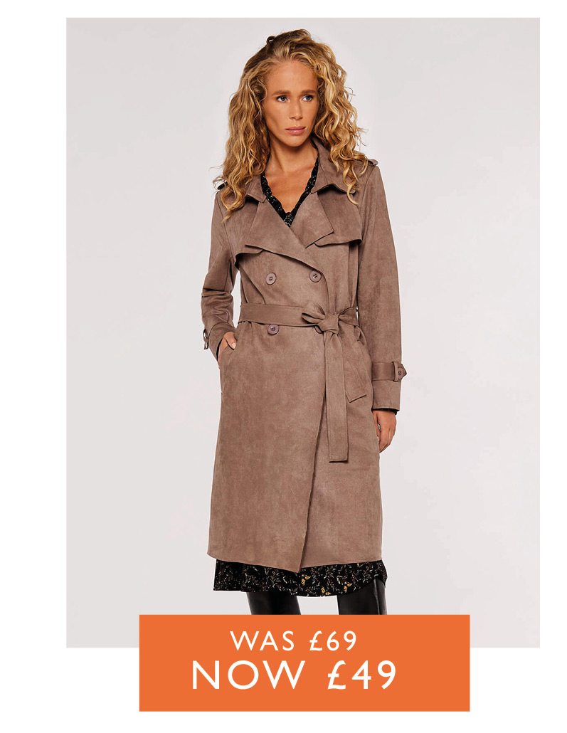 Double-Breasted Suede Belted Trench Coat