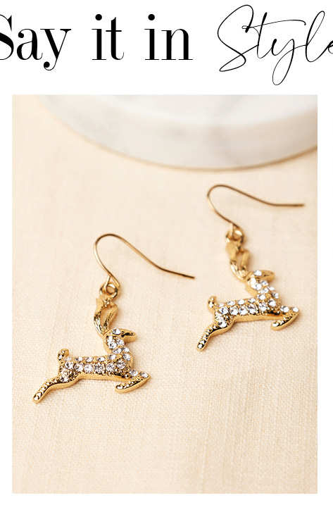 Gold Tone Crystal Reindeer Earrings