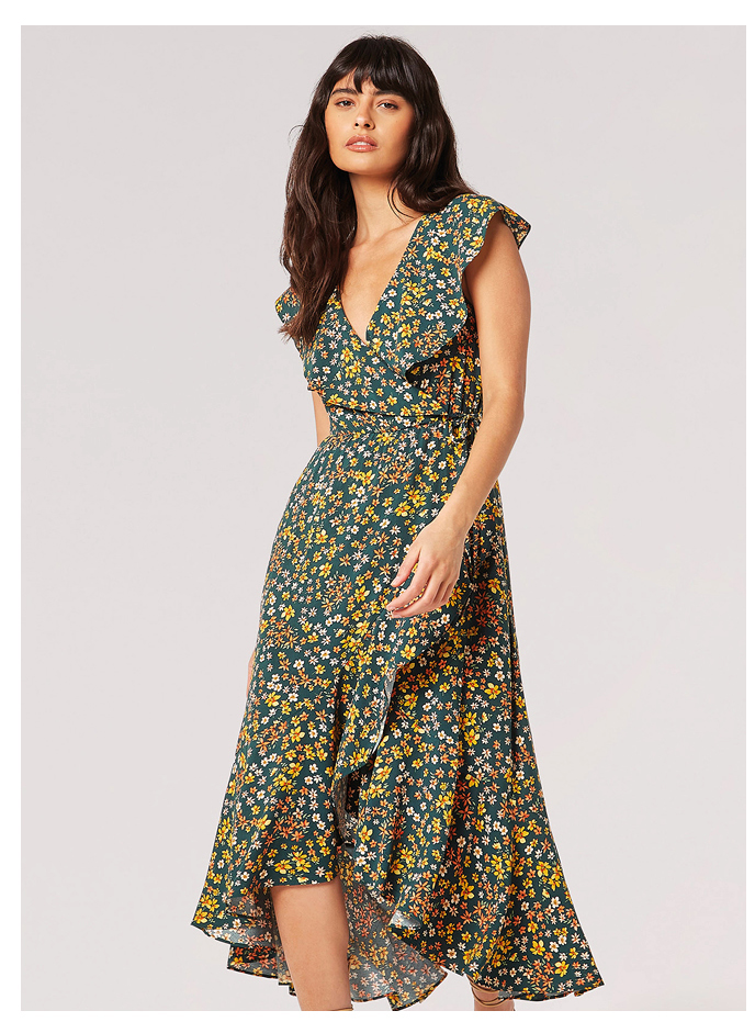 Ditsy Floral Ruffle Wrap Midi Dress