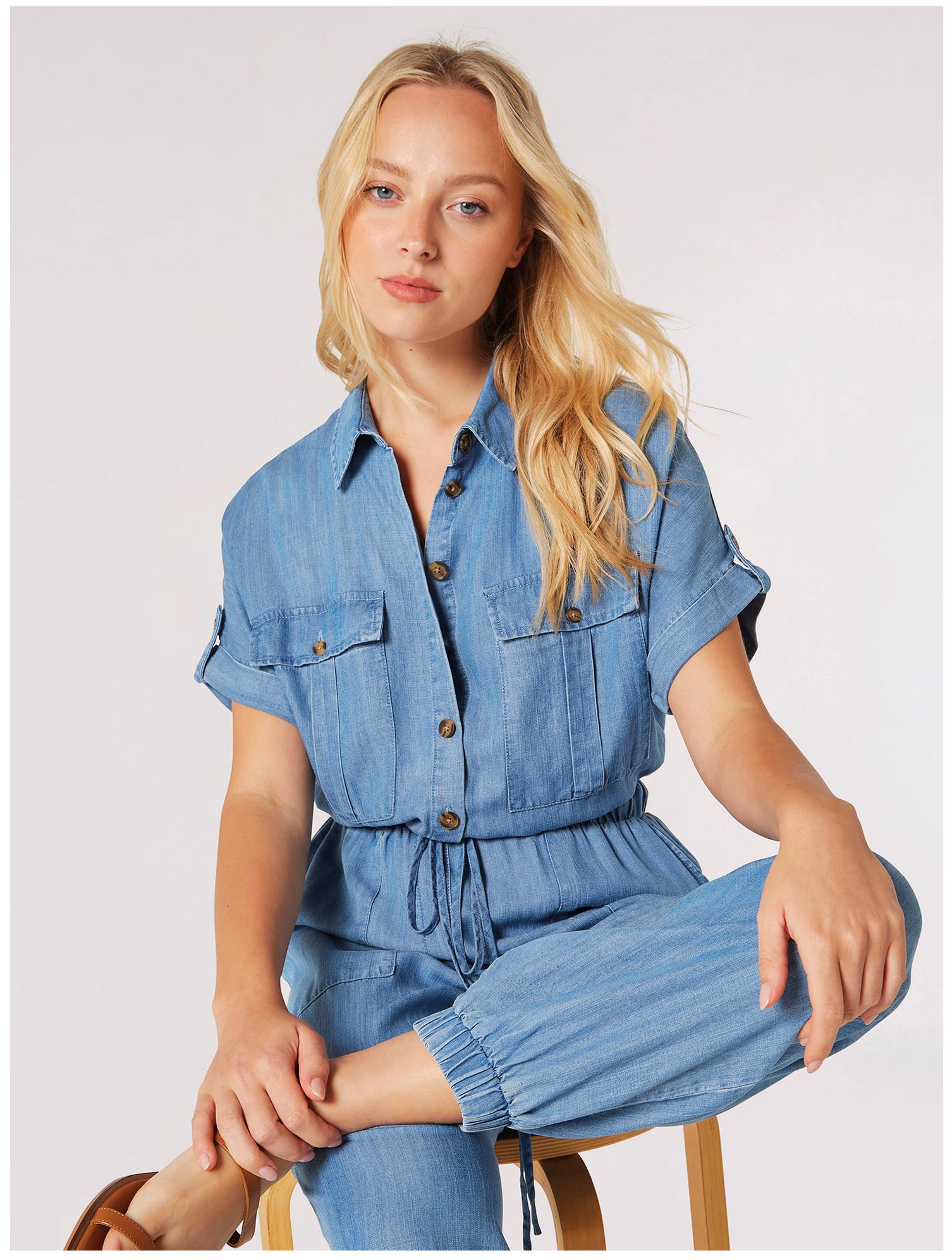 Mid-Wash Denim Utility Jumpsuit