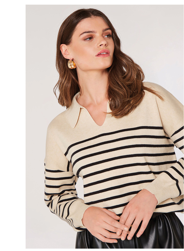 Open Collar Stripe Knit Jumper