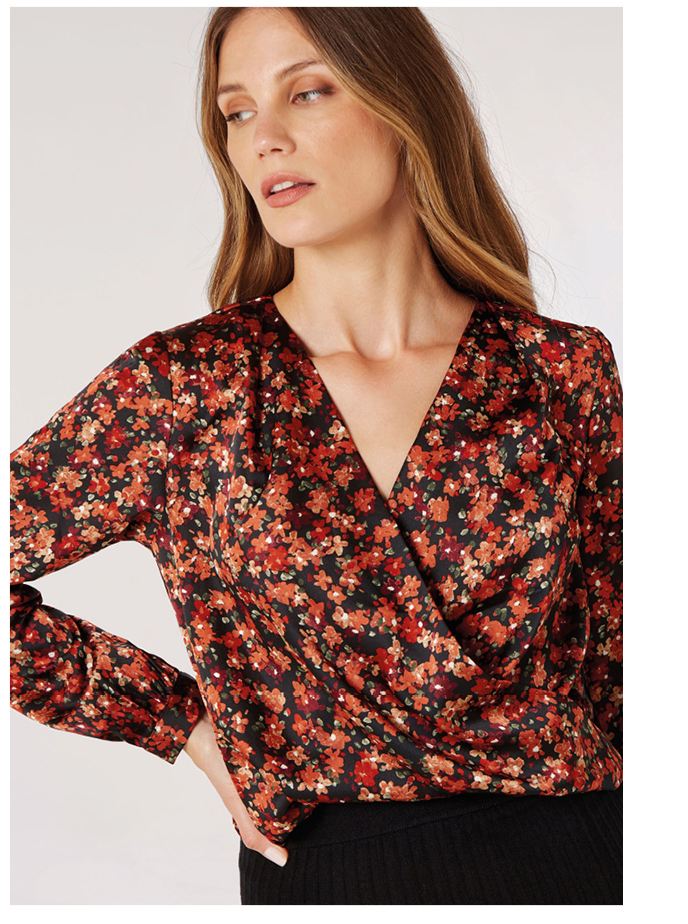 Painterly Floral Satin Wrap Top