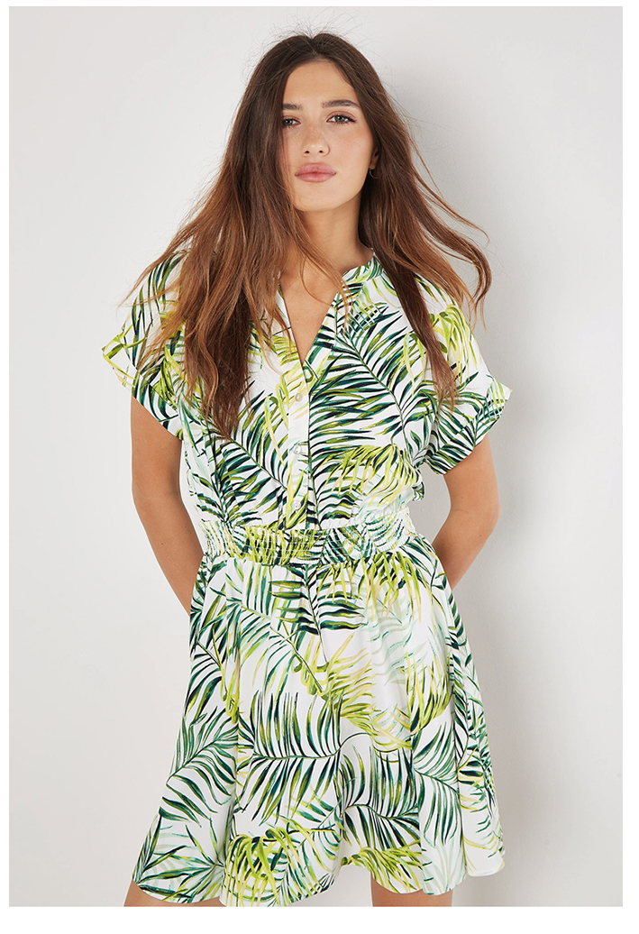 Tropical Leaf Print Smocked Mini Dress