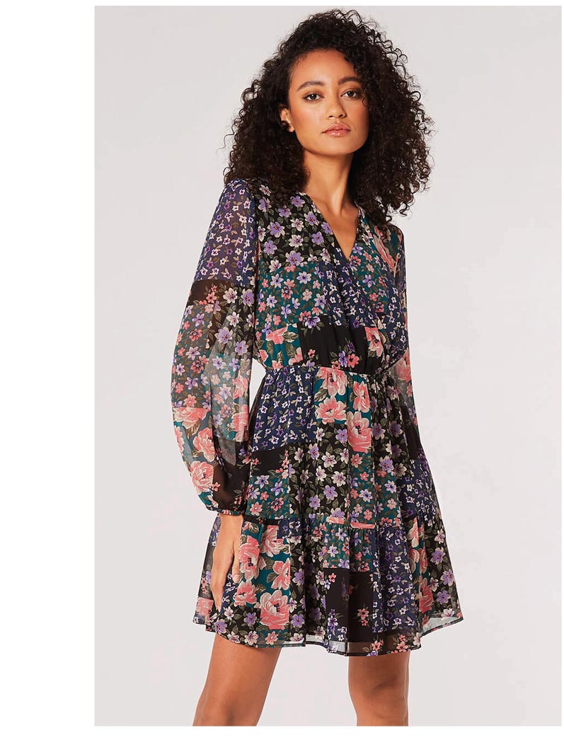 Floral Patchwork Chiffon Mini Dress